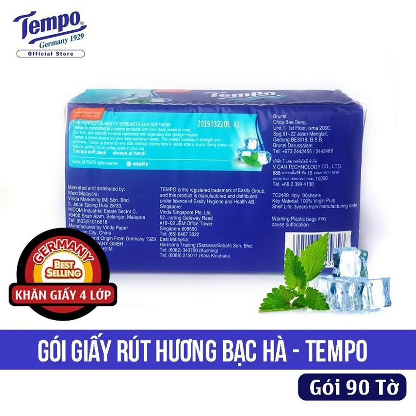 Túi 4 gói Khăn giấy rút Tempo 4 lớp hương bạc hà ( 90 tờ/gói )