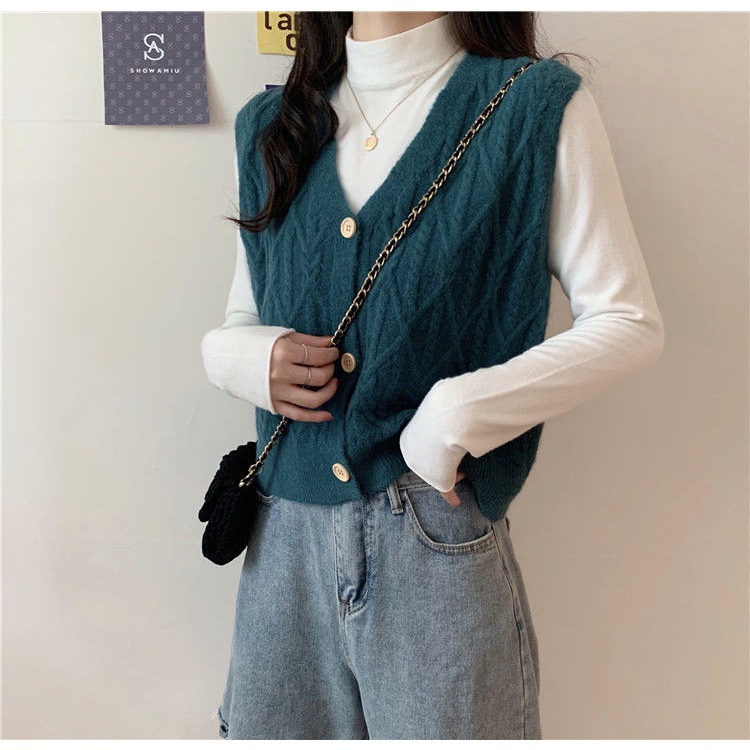 Áo khoác len cardigan không tay cổ chữ V đính khuy đơn giản dễ phối đồ thời trang phong cách Hàn Quốc size S~3XL | BigBuy360 - bigbuy360.vn