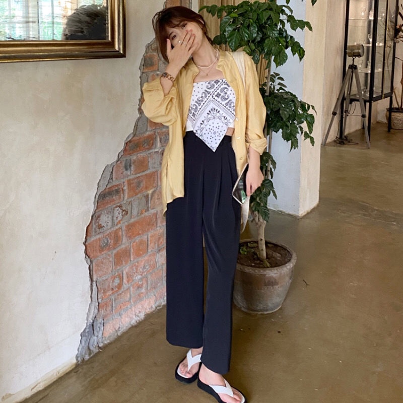 Quần Dài Ống Rộng Lưng Cao Phong Cách Hàn Quốc Thời Trang Cho Nữ