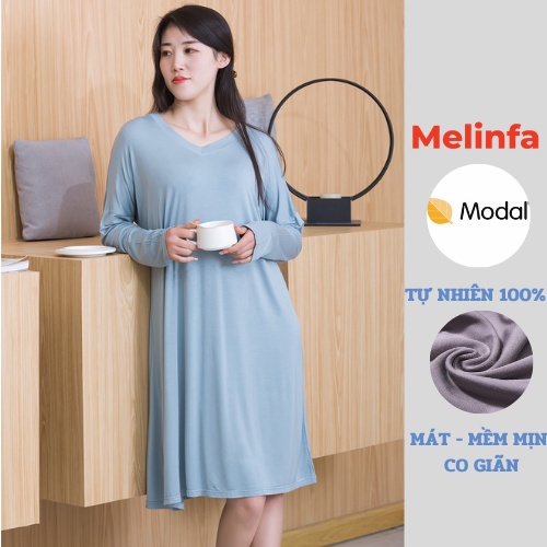 Váy đầm ngủ nữ dài tay vải Modal  mềm mại co giãn dáng suông mặc nhà mã VAV0304