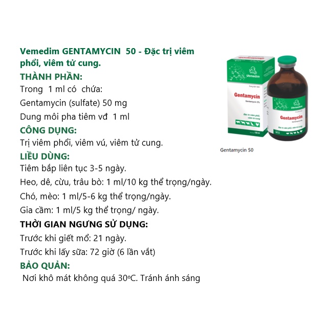 Vemedim Gentamycin 50 dùng cho chó, mèo, gia cầm, gia súc viêm phổi, viêm vú, viêm tử cung, chai 100ml