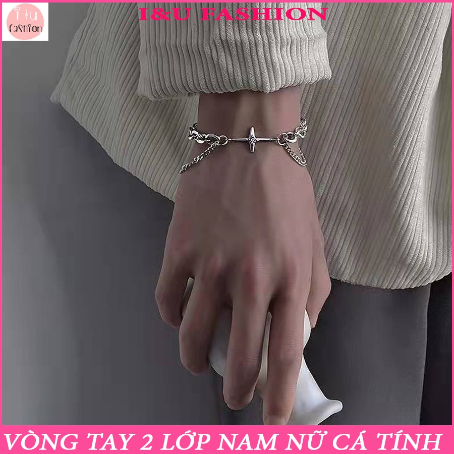Vòng tay lắc tay UNISEX Nam Nữ 2 lớp dấu + đính đá dây xích to bản phong cách thời trang hiphop đường phố cá tính VT-53