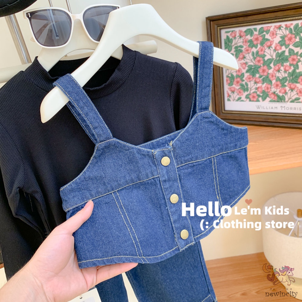 Set Đồ Mùa Đông 3 Món Gồm Áo Denim Không Tay + Áo Cổ Lọ + Quần Denim Phong Cách Hàn Quốc Cho Bé Gái