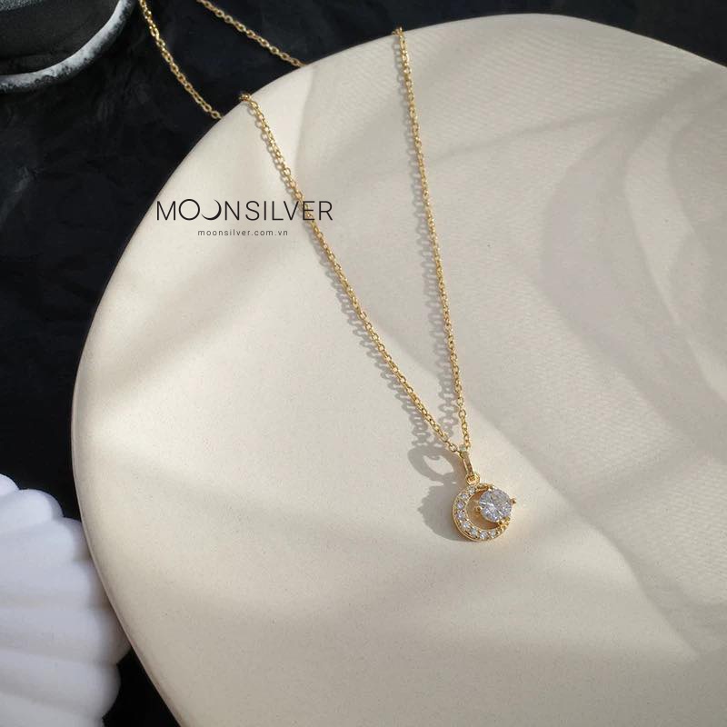 Vòng cổ bạc mạ vàng 14k Moonsilver, dây chuyền nữ đính đá Mystery Moon