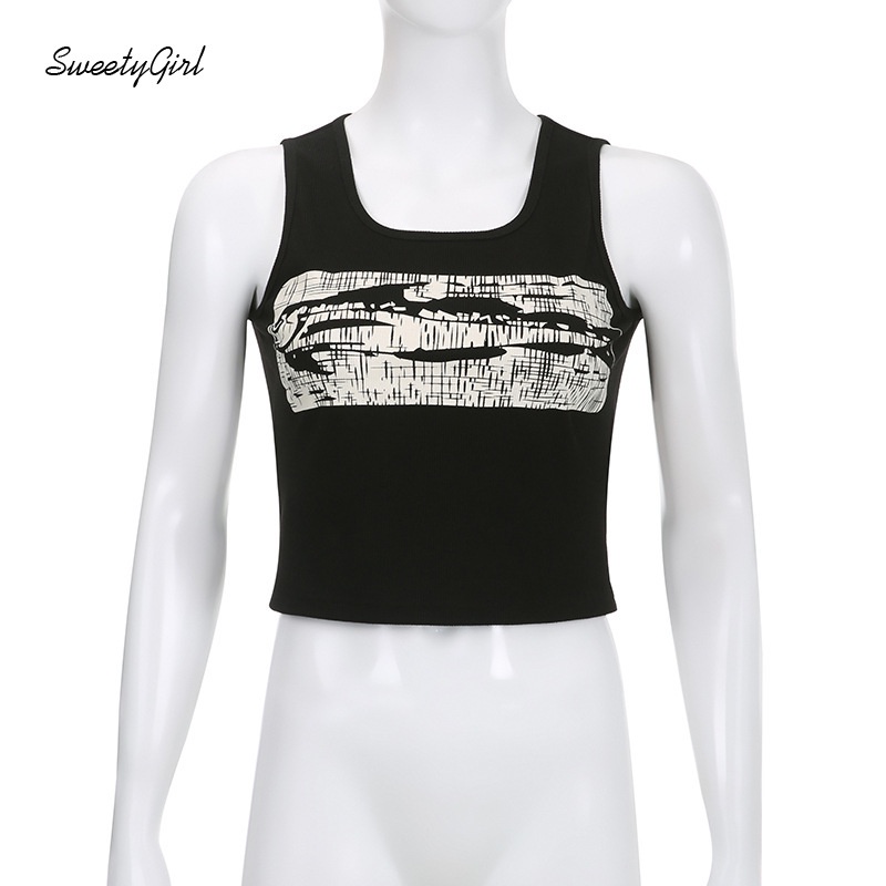 Áo Hai Dây Cổ Tròn In Họa Tiết Hoạt Hình Màu Sắc Tương Phản Quyến Rũ Thời Trang Cho Nữ