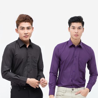 Combo 2 áo sơ mi màu dài tay slimfit 320 Vĩnh Tiến đen-tím đậm