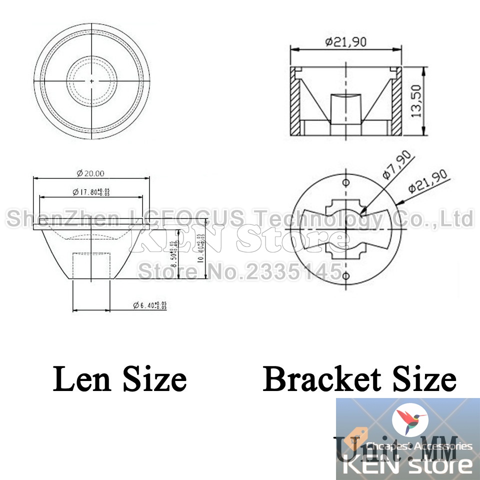 Bộ 5 chóa đèn, thấu kính 20mm cho chip led luxeon 1W 3W 5W (thân nhựa đục)