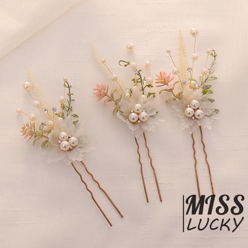 Set 3 trâm cài tóc hình bông hoa đính ngọc trai cho cô dâu