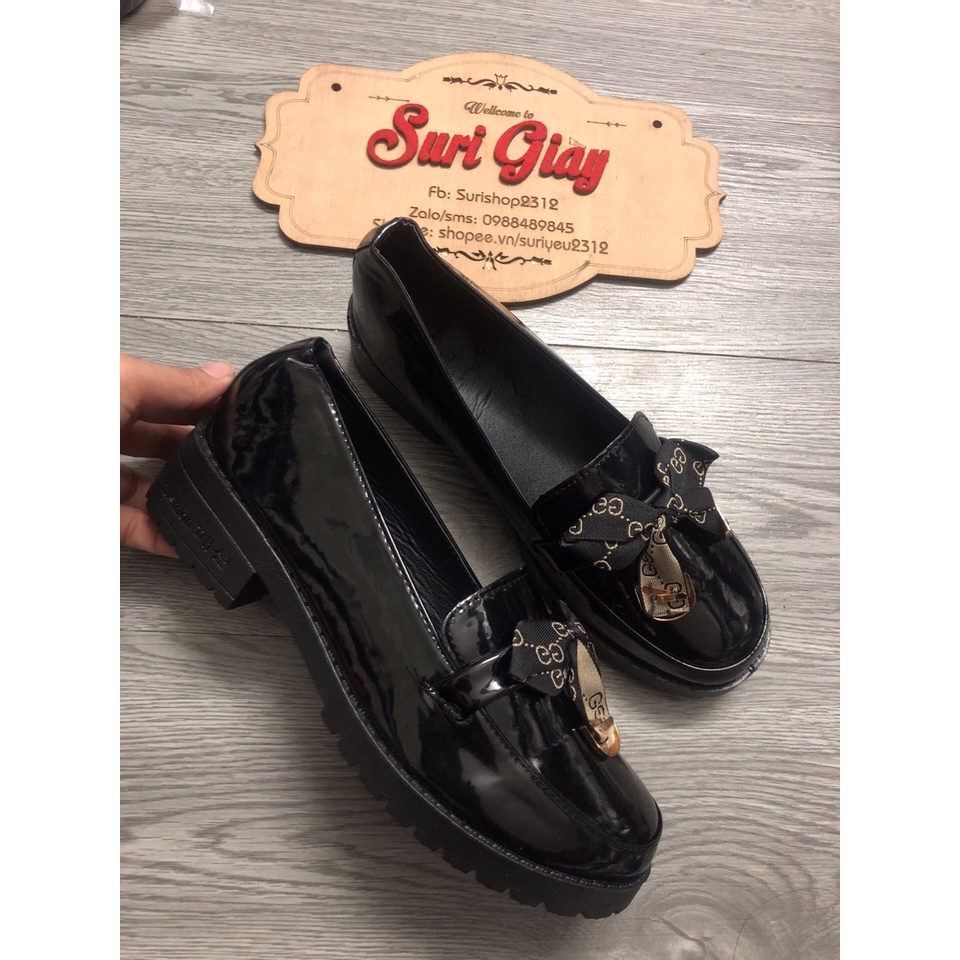 [Có sẵn] Giày lười nữ nơ gắn khóa cg da mềm êm chân siêu xinh mã L004