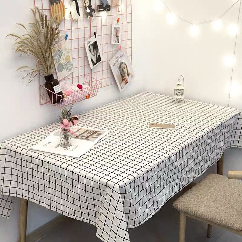 Khăn trải bàn chất liệu vải lanh cotton hình chữ nhật có họa tiết sọc caro đơn giản phong cách Nhật Bản