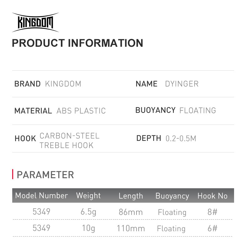 Kingdom Mồi câu cá giá chuyên dụng 110mm / 10g 86mm / 6.5g