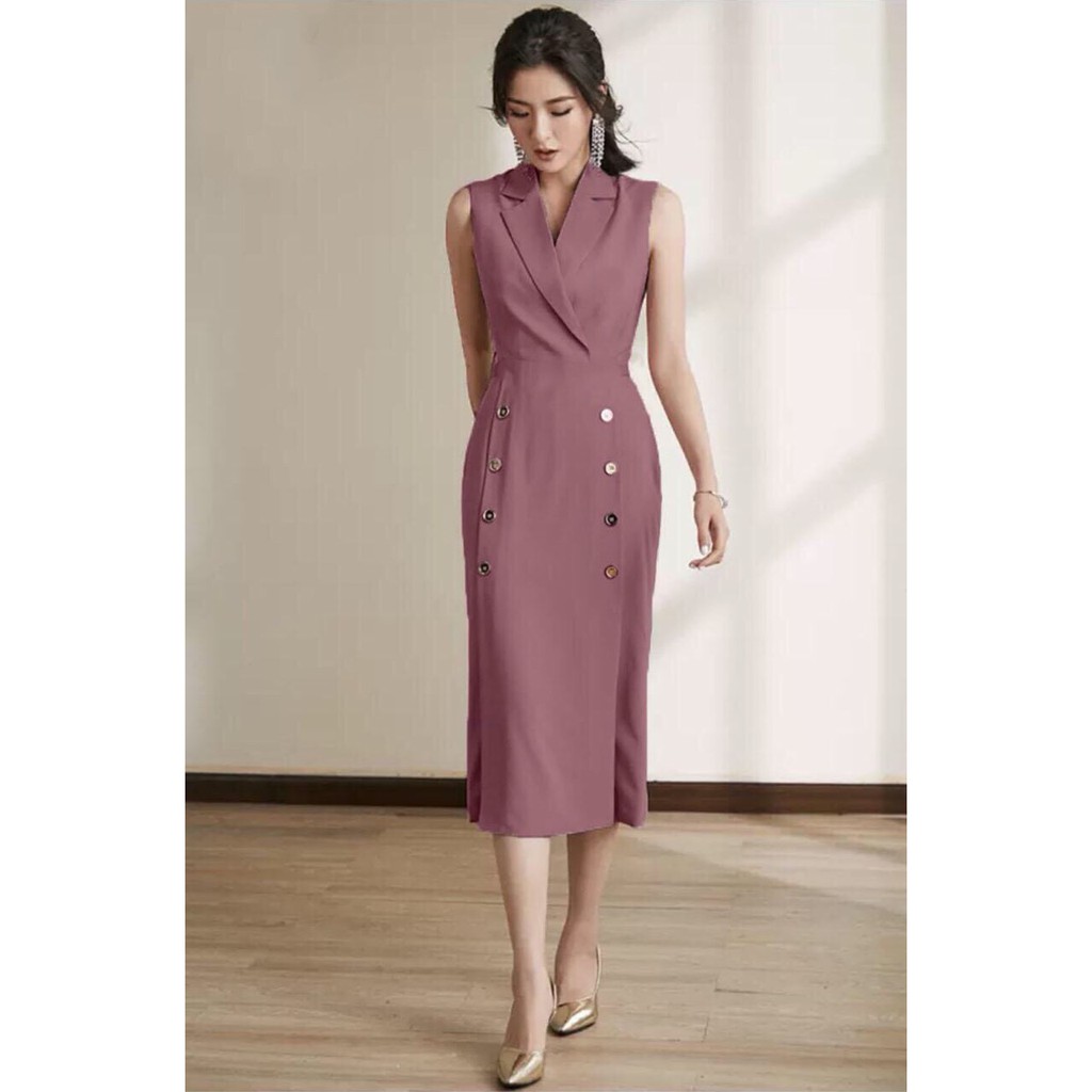 Đầm Cati Hồng Ruốc Cổ Vest