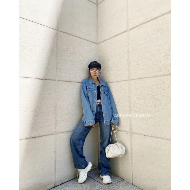 Áo Khoác Jean denim form rộng unisex Xanh Vintage dành cho nam nữ , áo có 6 túi và túi trong