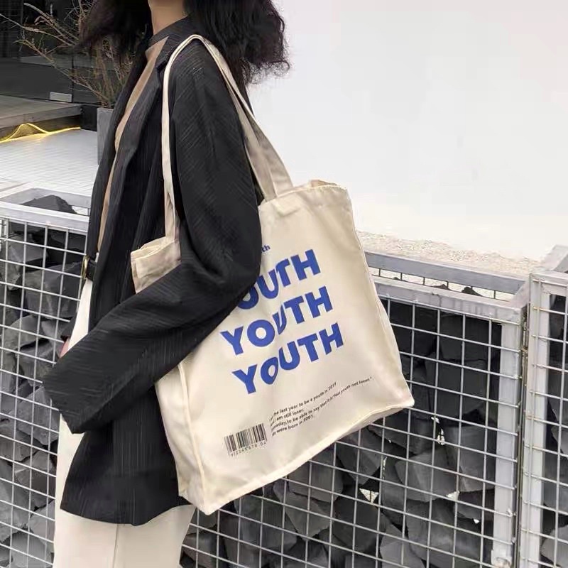 Túi tote vải canvas YOUTH phong cách Hàn Quốc có cúc T45