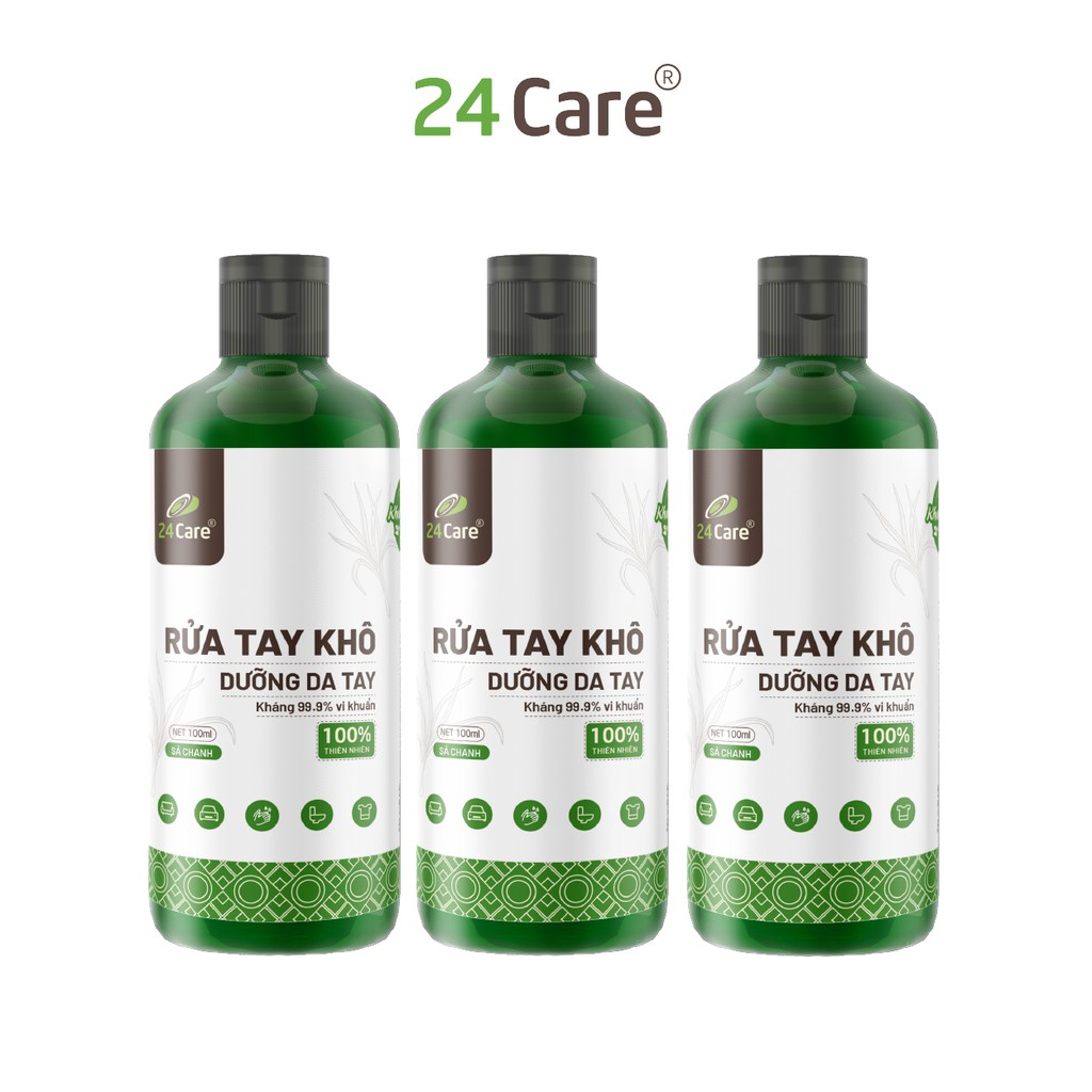 [KHÁNG KHUẨN] Bộ 3 Nước rửa tay khô tinh dầu Cam 24Care 100ML– không cần rửa lại với nước, diệt khuẩn 99,9%