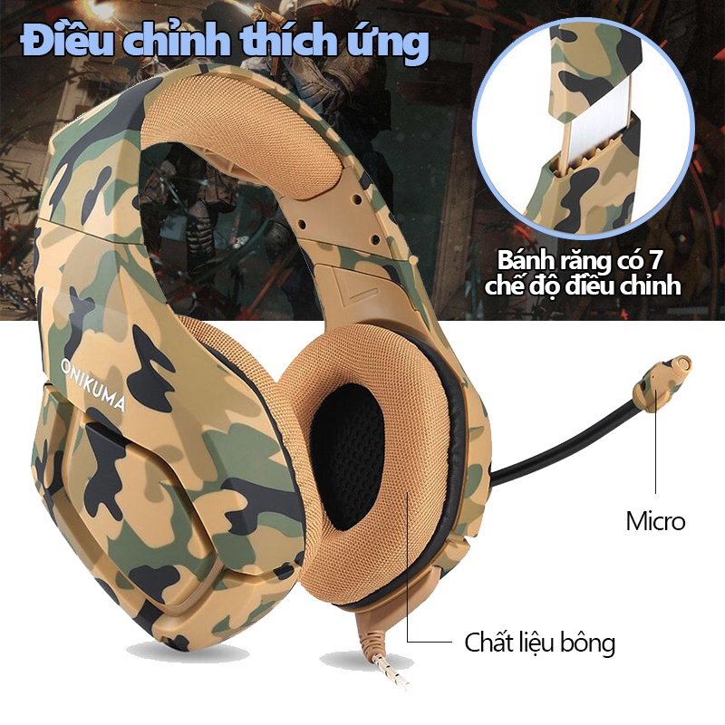 Tai nghe chụp tai chơi game ONIKUMA K1B với micrô, Màu lính Gaming Headphone, Cho Máy tính xách tay PC Laptop Vi tính