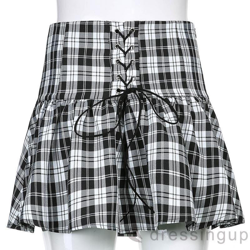 Chân Chân Váy Chữ A Lưng Cao Màu Trắng Đen Phong Cách Harajuku Cho Nữ