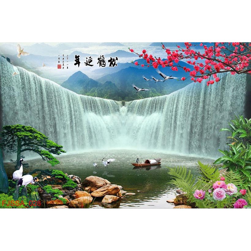 Tranh dán tường 3D thác nước sơn thủy