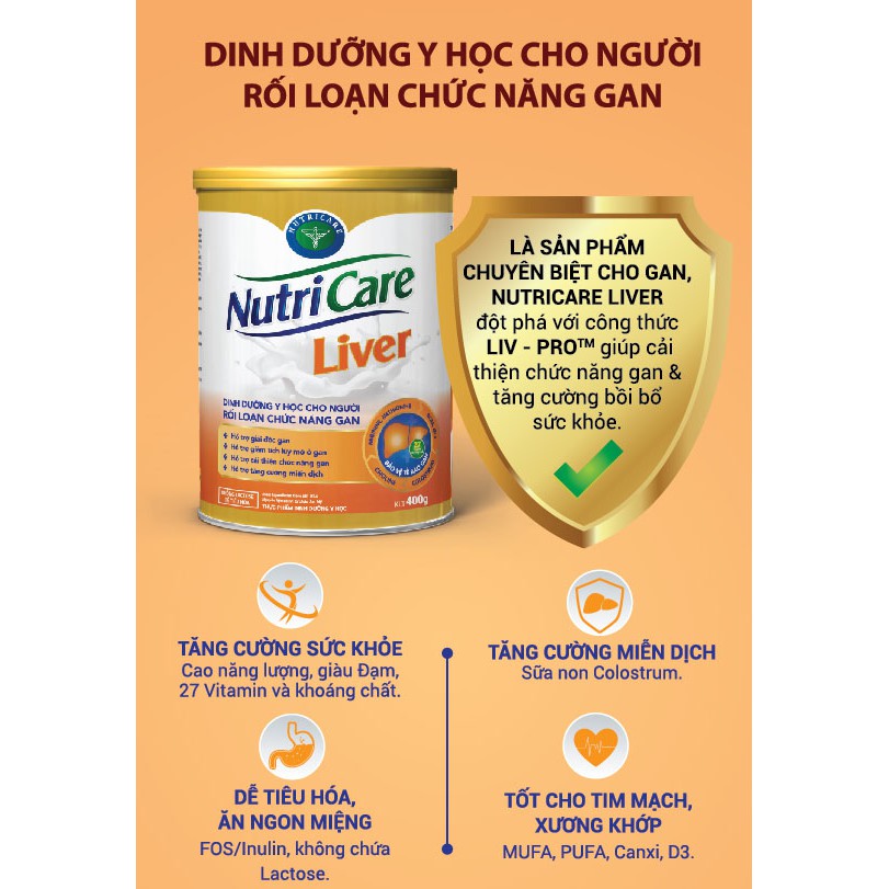 Sữa bột Nutricare Liver cho người rối loạn chức năng gan, dễ tiêu hóa, tốt cho tim mạch (Lon 400g)