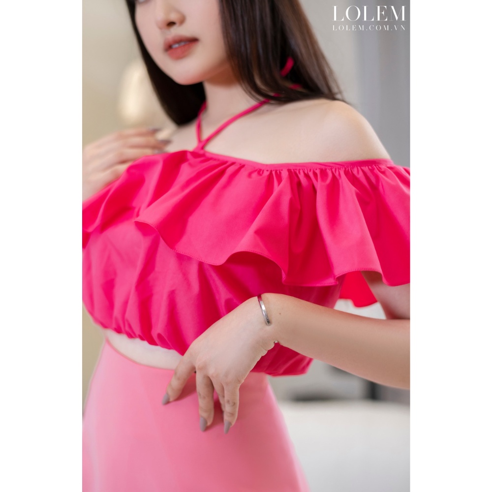 Set chân váy áo croptop LOLEM AK1248 CVA033 thiết kế trễ vai vải thô lụa mềm mịn co giãn
