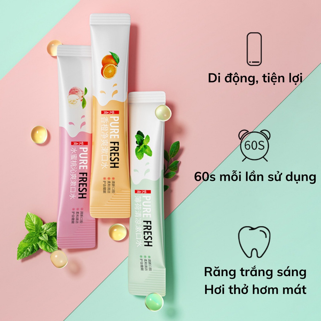 [Hộp 20 gói] Nước súc miệng dạng gói 10ml, mang theo tiện lợi, răng trắng sáng, hơi thở thơm mát sạch sẽ, hương trái cây