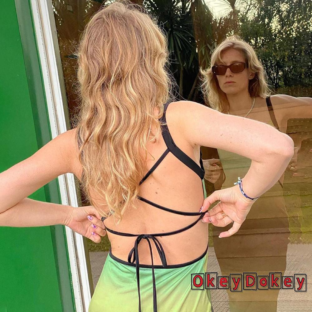 OKDK-Women Suspender Sexy Cross Tie-up Bandage Open Bodycon Back Gradient Contrast Color Long Dress