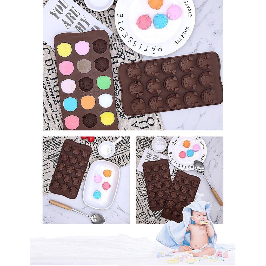 Khuôn Silicon Làm Socola,Thạch Rau Câu,Kẹo Dẻo,Pudding Trang Trí Hình 15 Mặt Heo Biểu Cảm