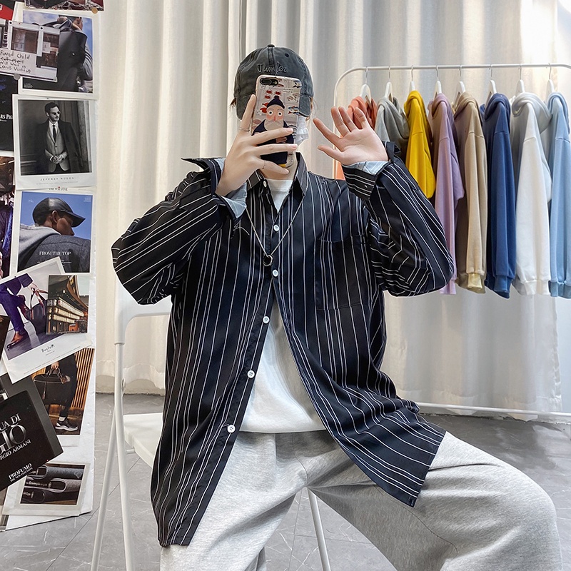 Áo sơ mi cổ đứng tay dài dáng rộng kẻ sọc thoáng khí chống nhăn chất lượng cao cho nam