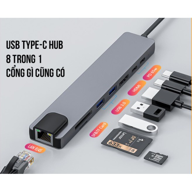 Bộ chuyển đổi đa năng 8 IN 1 cho MacBook, Dell XPS 13, và thiết bị máy tính điện thoại hỗ trợ USB type C