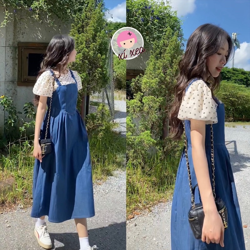 Set váy bò dáng dài vintage, áo chấm bi tay phồng kèm váy bò denim xixeoshop - v186