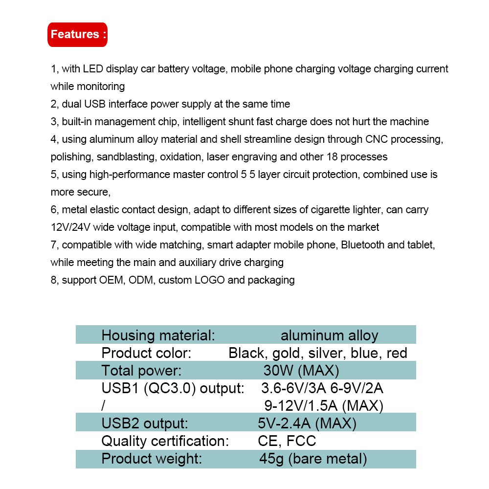 Dụng cụ sạc nhanh 3a 30w 3a qc 3.0 sup có đèn led cho xe ô tô