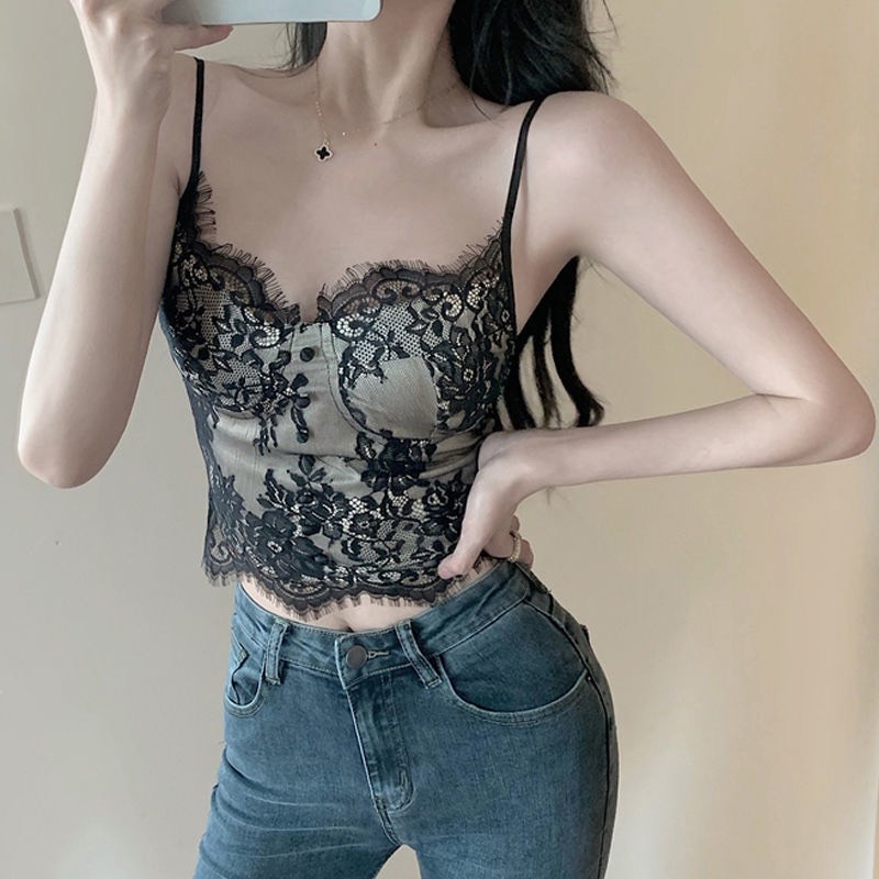 Áo Bra Ren 2 Dây Đính Khuy Dáng Croptop Chiết Eo Tôn Dáng Chun Lưng Co Giãn 877