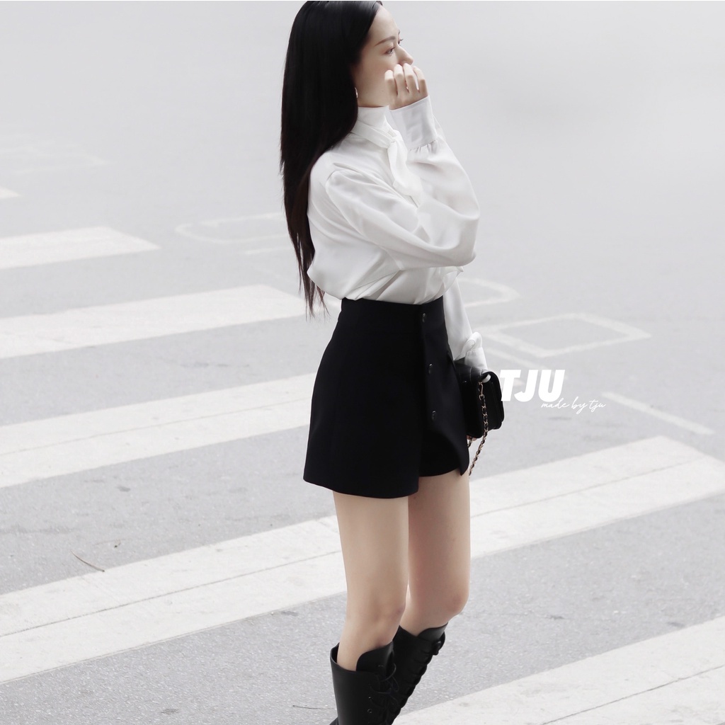 Quần short nữ cạp cao phối vạt lệch cúc, Quần sooc nữ cúc lệch ulzzang, Hàn Quốc, thiết kế T-Ju (sooc Joey)