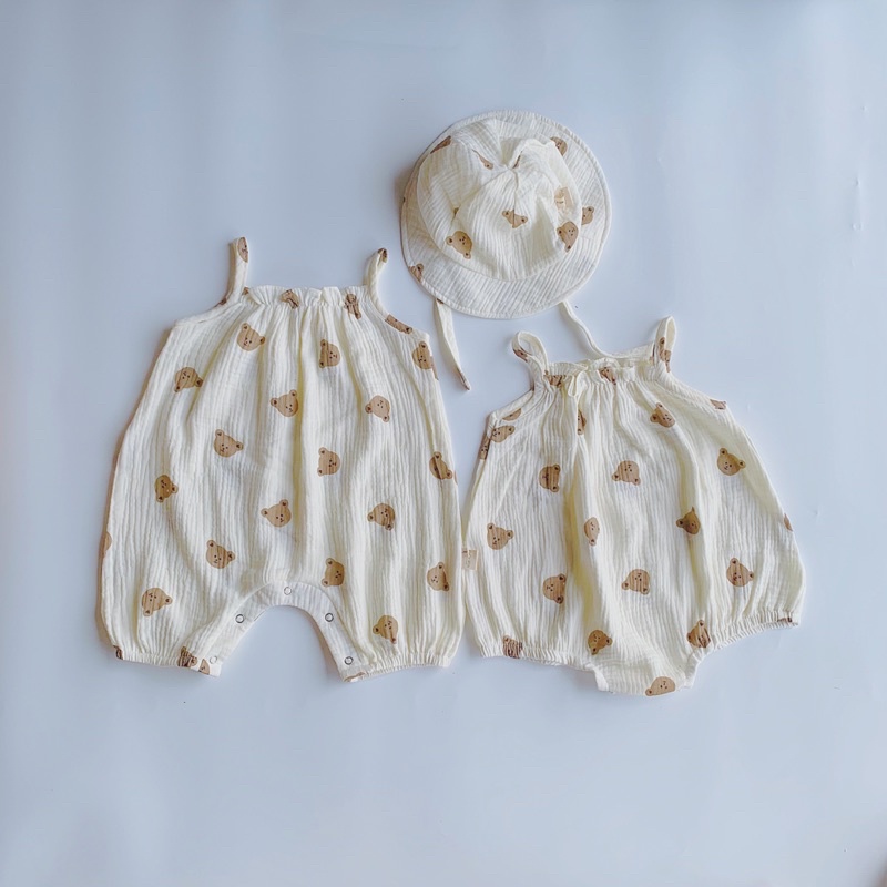 Body xô muslin gấu + mũ 6 mảnh cho bé (hàng thiết kế - hình thật shop tự chụp )