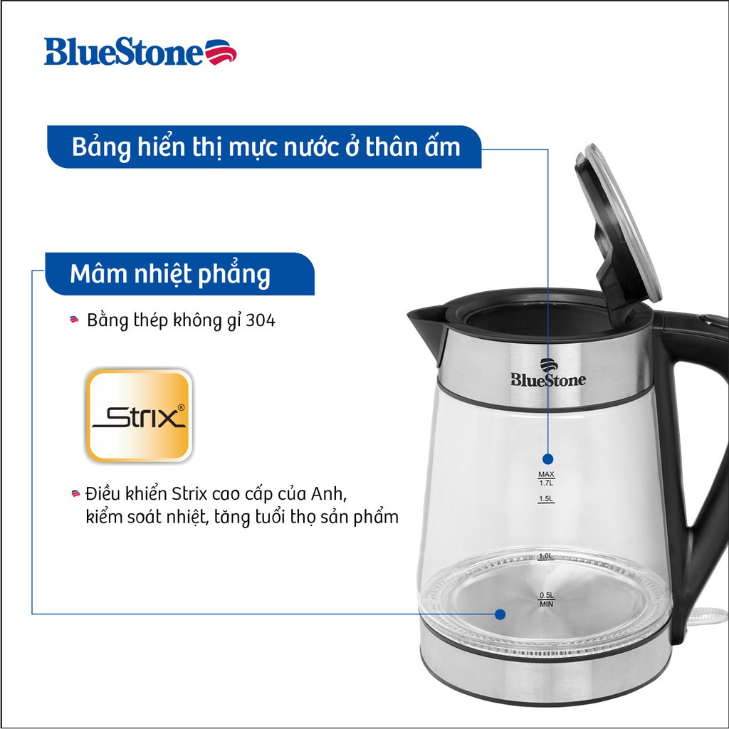 Ấm Đun Siêu Tốc Bluestone 1.7 lít KTB-3426 , Công Suất 2150W , Bình Thủy Tinh Cao Cấp , Bảo Hành Chính Hãng 2 Năm