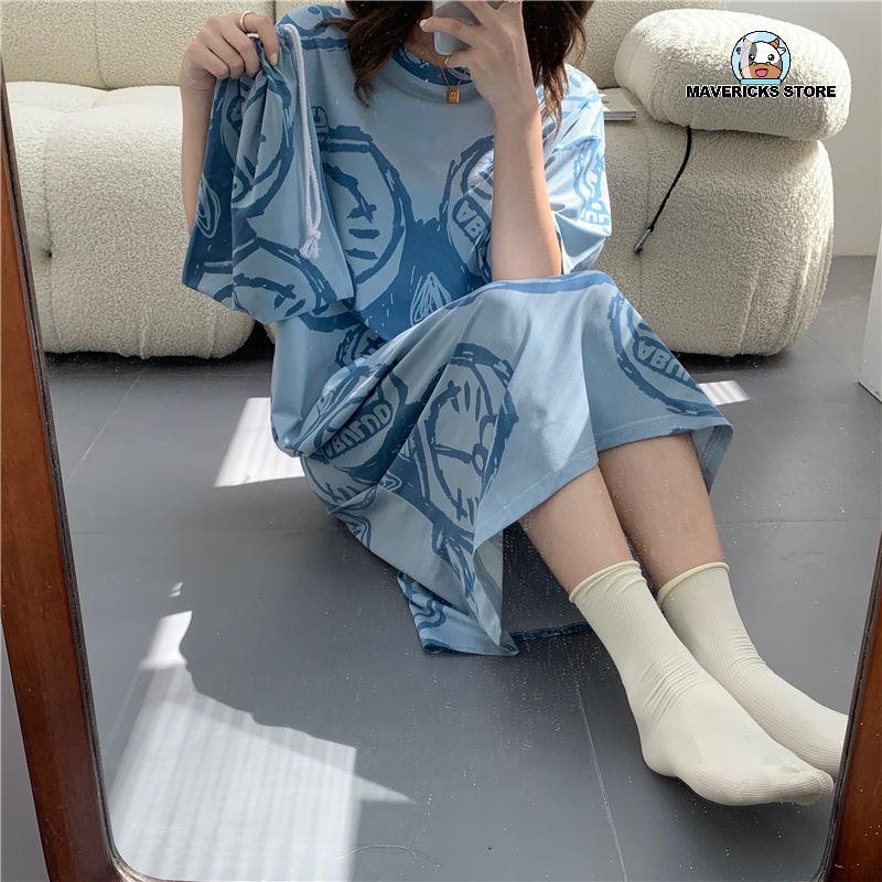Đầm ngủ tay ngắn dáng rộng in hình mèo dễ thương thời trang mùa hè cho nữ