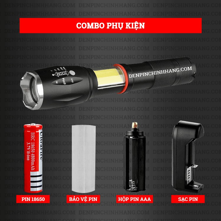 Đèn pin siêu sáng T6 COB  phiên bản 2021 - Tặng đầy đủ phụ kiện