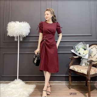 CAME  Váy nhung dúm ngọc tay rút, đầm công sở dáng dài tay bồng xinh xắn SP359