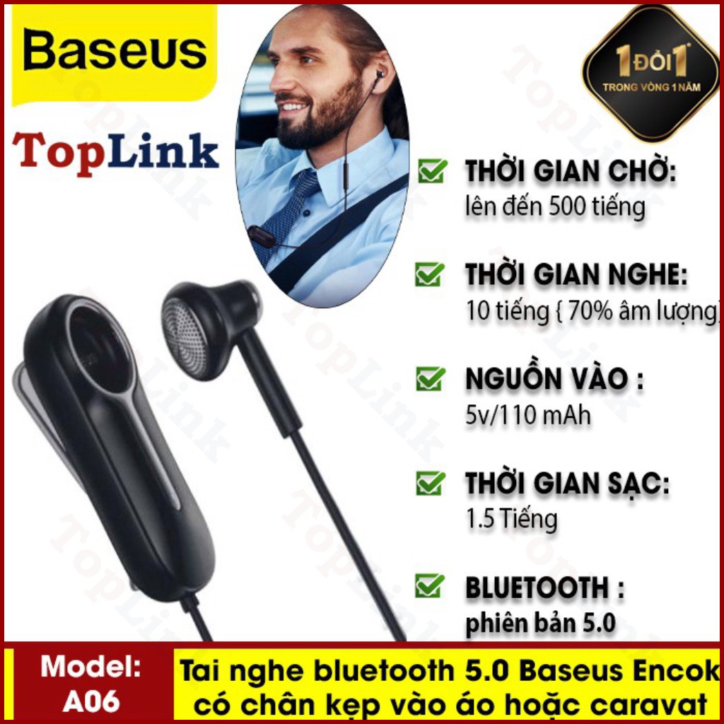 Tai Nghe Nhét Tai Bluetooth 5.0 Baseus Encok A06 Có Chân Kẹp Vào Áo, Có Mic Cho Iphone Xiaomi - TopLink