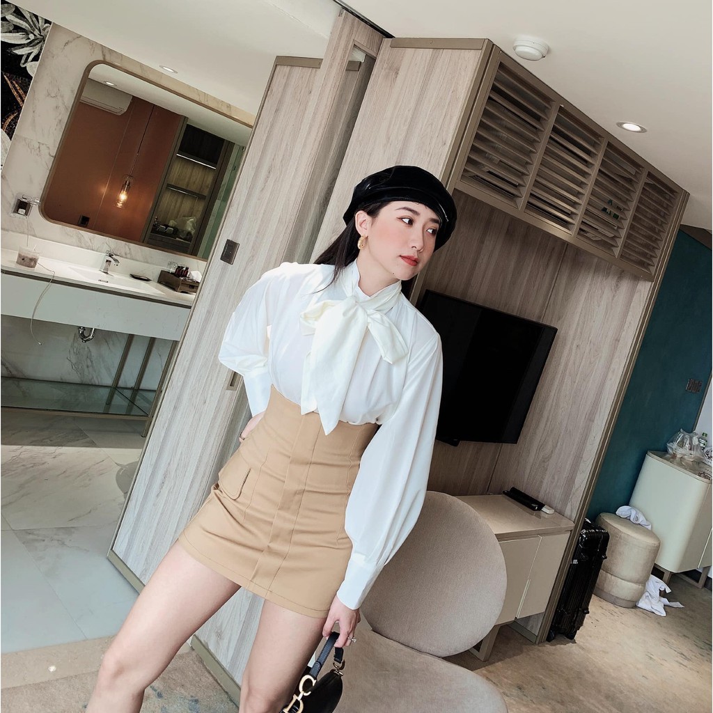 [Mã WASTCOOL giảm 15% tối đa 50K đơn 99K] Set Áo Cổ Điển + Quần Váy Cạp Cao Túi Nắp (Áo Trắng + QV Nâu) | BigBuy360 - bigbuy360.vn