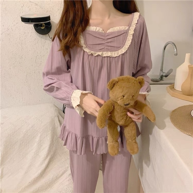 Đồ bộ ngủ nữ dài tay cute kèm bèo chất cotton quảng châu | BigBuy360 - bigbuy360.vn