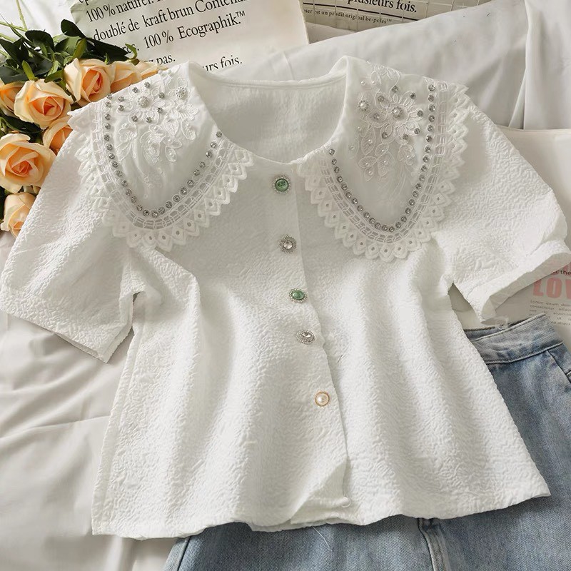 Áo sơ mi nữ kiểu cổ thêu đính đá, phong cách Hàn Quốc Chic Store C115801J