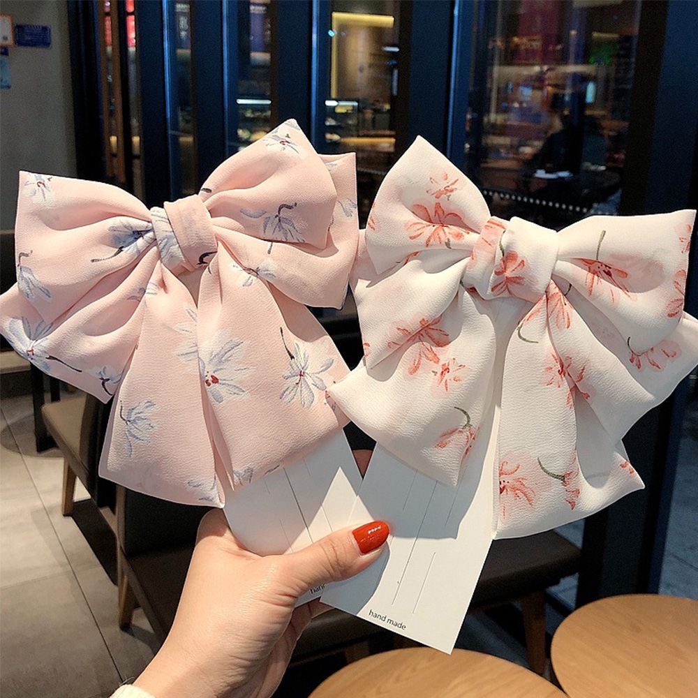 Kẹp Tóc Hình Nơ Bản Lớn In Họa Tiết Hoa Bằng Vải Chiffon Cho Nữ