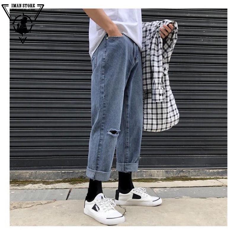 Quần bò jean baggy nam rách 1 gối hot boy hàn quốc 2022