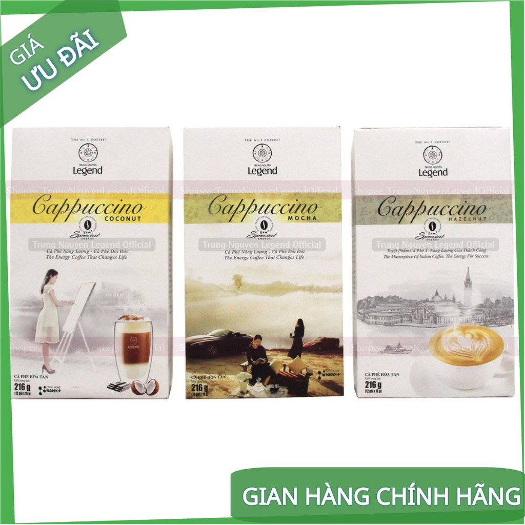 [Chính hãng] Cà phê hòa tan Trung Nguyên Cappuccino Mocha- Capuchino Hazelnut- Cappuchino Coconut - Hộp 12 gói