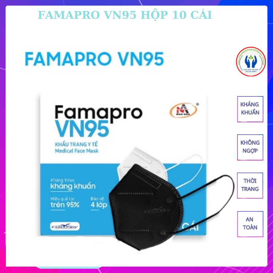 Khẩu trang FAMAPRO, khẩu trang VN95 [HÀNG XỊN], khẩu trang trắng, đen, xám, xanh -Tiêu Chuẩn Châu Âu, 4 Lớp (10 Cái/hộp)