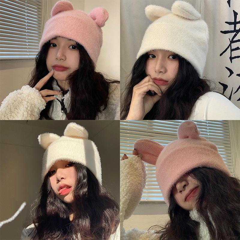 Nón len beanie trơn màu đính tai thỏ xinh xắn dành cho nữ