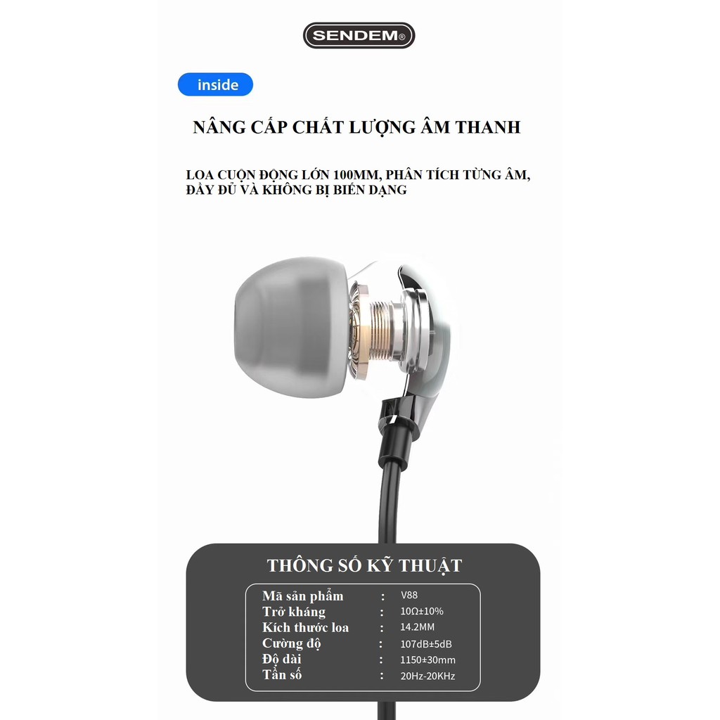 Tai nghe nhét tai SENDEM V88 3.5mm đeo êm tai, nghe nhạc ấm, bass cực hay HÀNG CHÍNH HÃNG SENDEM