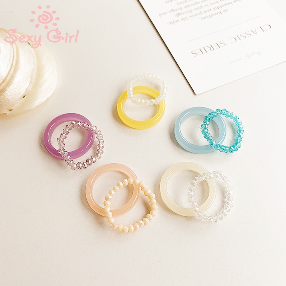Set 2 chiếc nhẫn bằng pha lê nhựa resin xỏ hạt cườm xinh xắn cho nữ