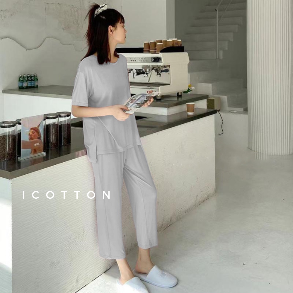 Bộ đồ cotton lụa áo cộc tay quần dài  ❤️Icotton❤️ cao cấp, mát mặc nhà, đồ ngủ form rộng trung niên